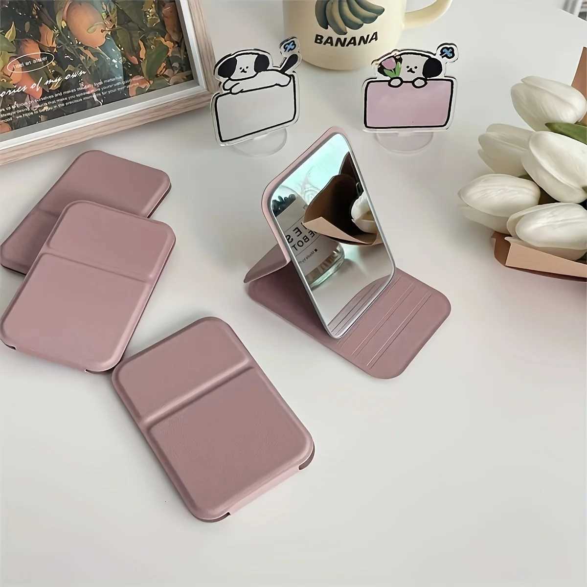 1pc Elegant Folding Mini Makeup Mirror with PU Stand Portable Glass Cosmetic Mirror Hand Washable for Dorm and Desktop Use C2510201