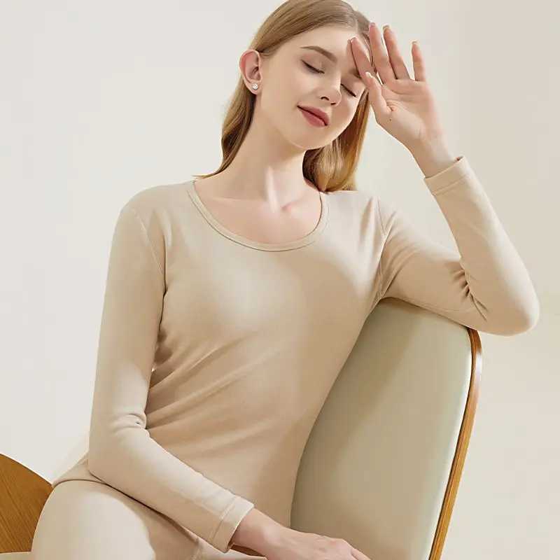 Women Thermal Underwear 2025 Woman Winter Clothing Tops Warm Pants Doublelayer Thickened And Velvet Round Neck Thermo UnderwearT251020