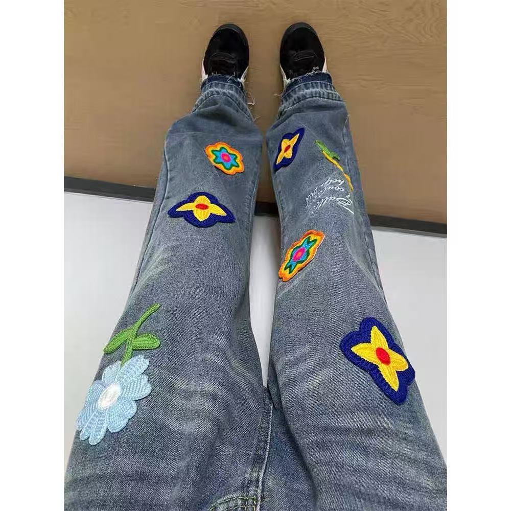 Women's Vintage Embroidered Floral Jeans - High-Waisted, Straight-Leg, Slimming Wide-Leg Floor-Length Pants for Spring and Autumn Z260313