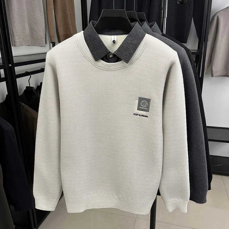 Luxury Quality Mens Knitwear O-Neck Velvet Printe Shirt Collar Pullover Autumn Winter Versatile Fashion Fake Two Piece MenswearT251103