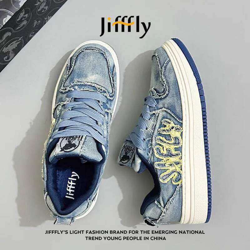 Jifffly Designer Luxury Women's Denim Sports Shoes 2025 New Summer Men's Versatile Fashionable Board Shoes, Height Increasing Student Casual