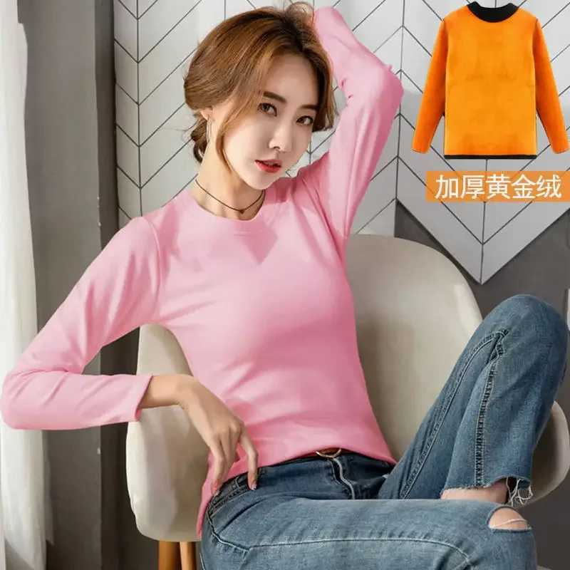 Winter Thermal Underwear Womens Thick Velvet Onepiece Tops Wear Autumn Clothes Midhigh Collar Bottoming ShirtT251020
