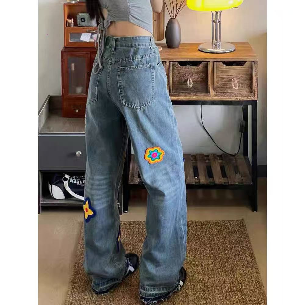 Women's Vintage Embroidered Floral Jeans - High-Waisted, Straight-Leg, Slimming Wide-Leg Floor-Length Pants for Spring and Autumn Z260313