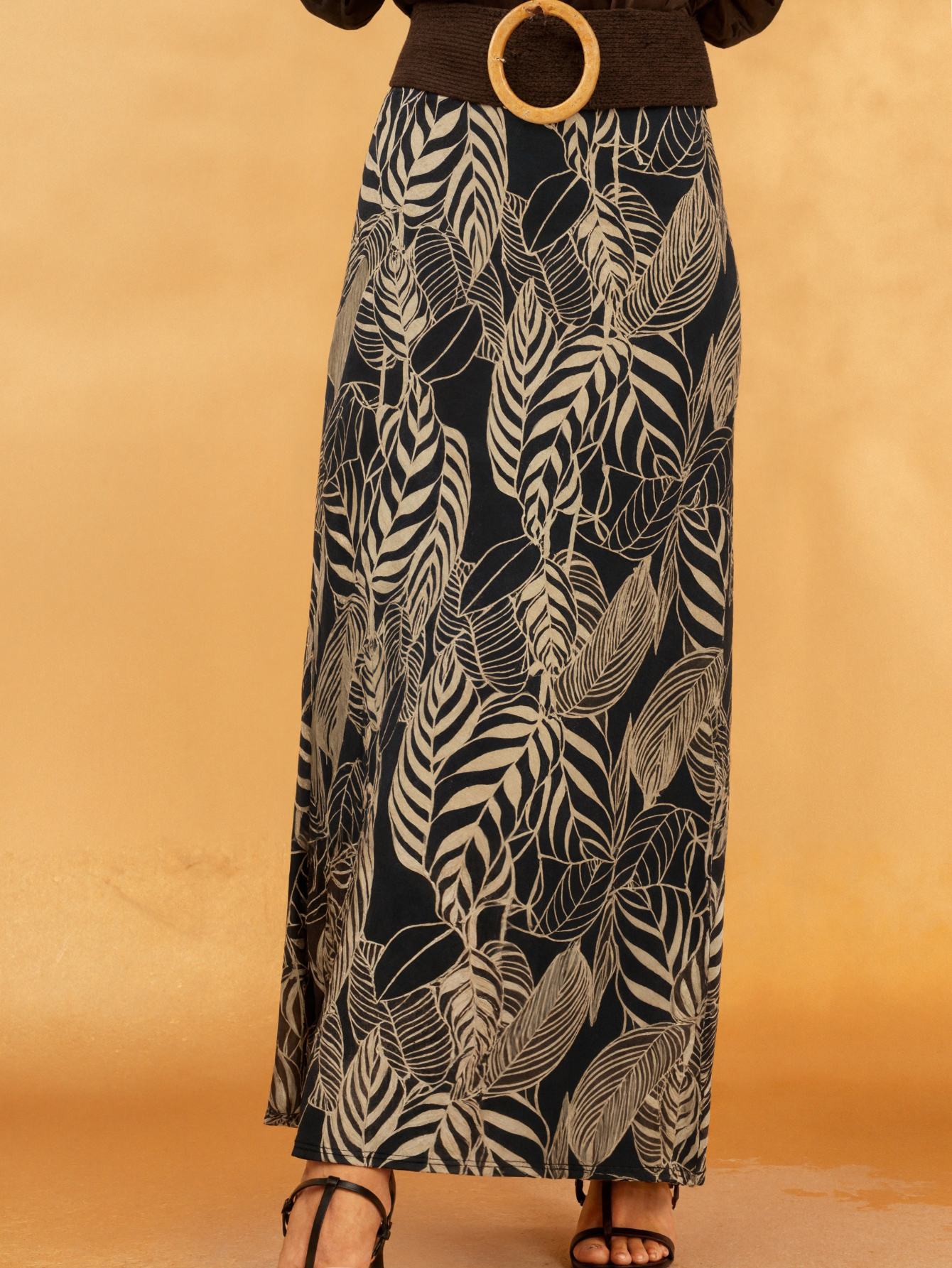 Women's Autumn & Winter New Fashion Elegant Leaf Printed Midi Skirt, Milk Silk Casual Skirt (S-XXL, Black)-CF43630