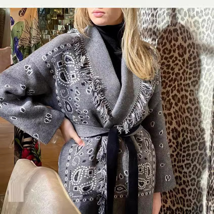 European and American fashion design thick jacquard knitted cardigan loose plus size women's medium length tassel sweater jacket fashionable