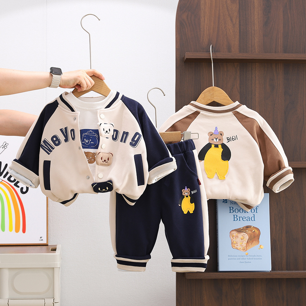 2025 New Hot Selling Baby Children's Clothing Spring and Autumn Sports Clothes, Stylish Boys' Three Bears Baseball Jacket Set, Free Shipping
