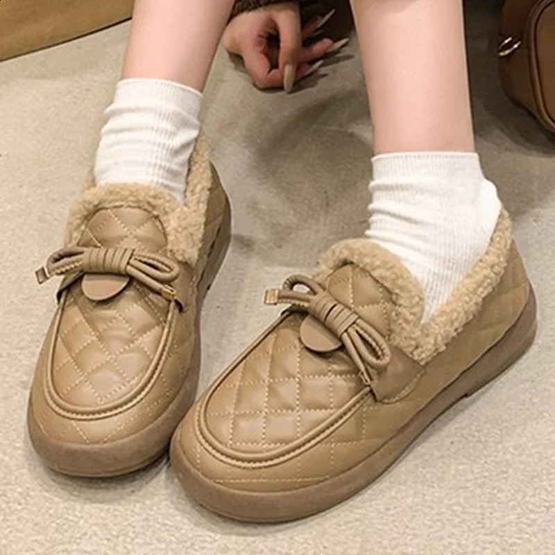Pu Leather Snow Boots for Women Winter Korean Bowknot Detor Plush Booties for Woman Non Slip Keep Warm Snow Boots Lady 251013