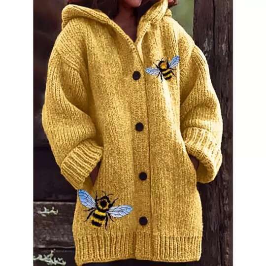 Embroidered Bees Hooded Cardigan 1Pc Women's Casual Polyester Knit - Medium Stretch, Button Front, Animal Pattern, Fall/Winter Coat