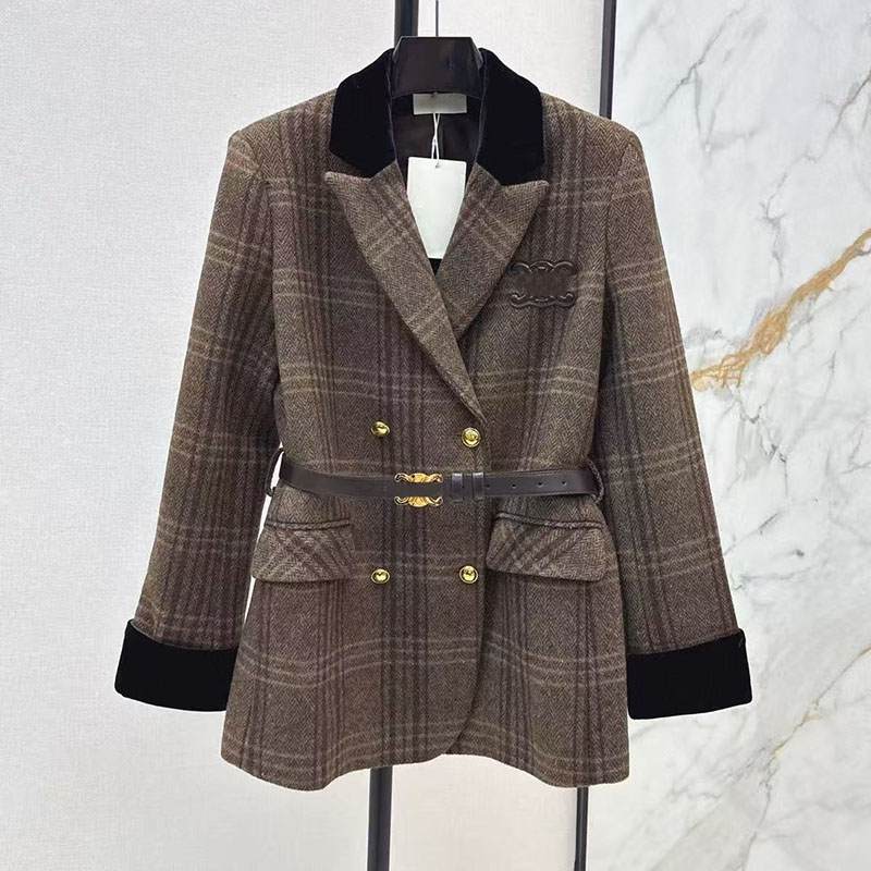 25s latest high-end spliced velvet waistband tie with retro plaid British style thickened suit jacket