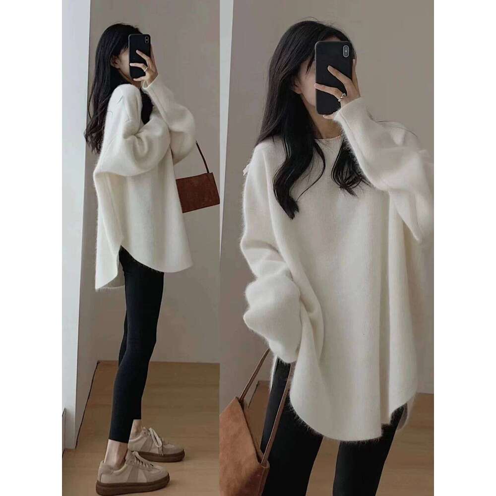 Women's Lazy Kaze Jun Mountain Cashmere Sweater Round Neck Loose Long Hem Split Skirt Thickened Knitted Bottoming Shi 251020 251020