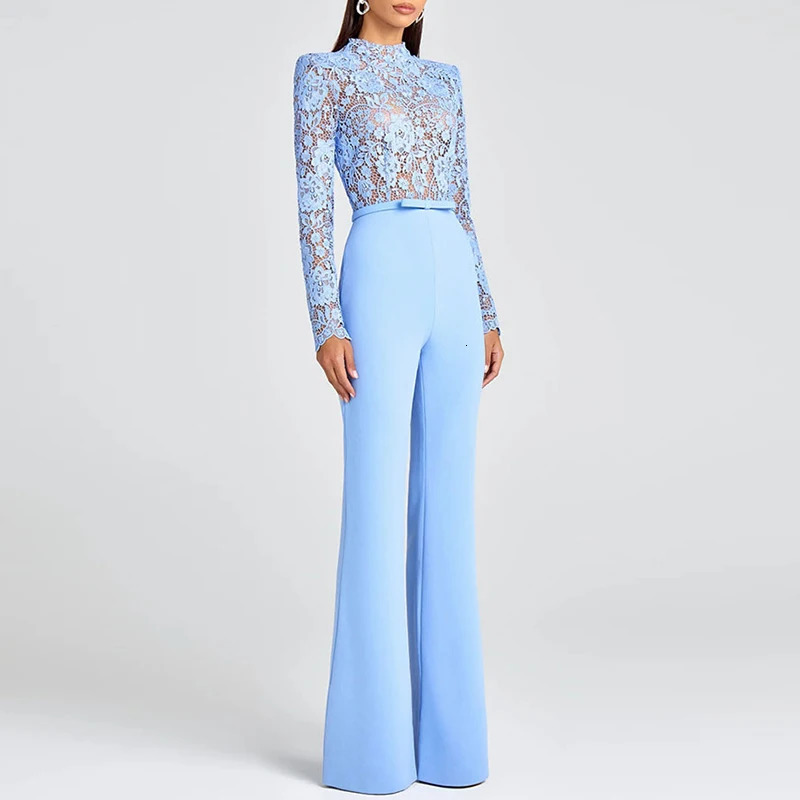 Jacquard Lace Highwaisted Women Jumpsuit Embroidery Crochet Office Straight Playsuit Sexy See Through Hollow Flare Pants Romper 251016