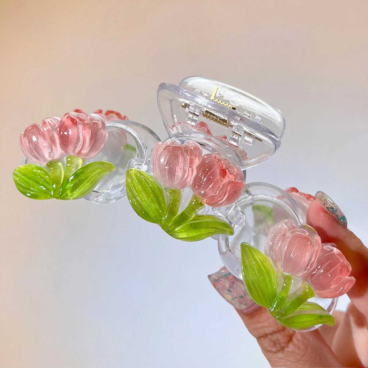 1pc cute tulip flower hair grip clip on the back of the head sweet shark clip peach blossom pink half hair clipW254021
