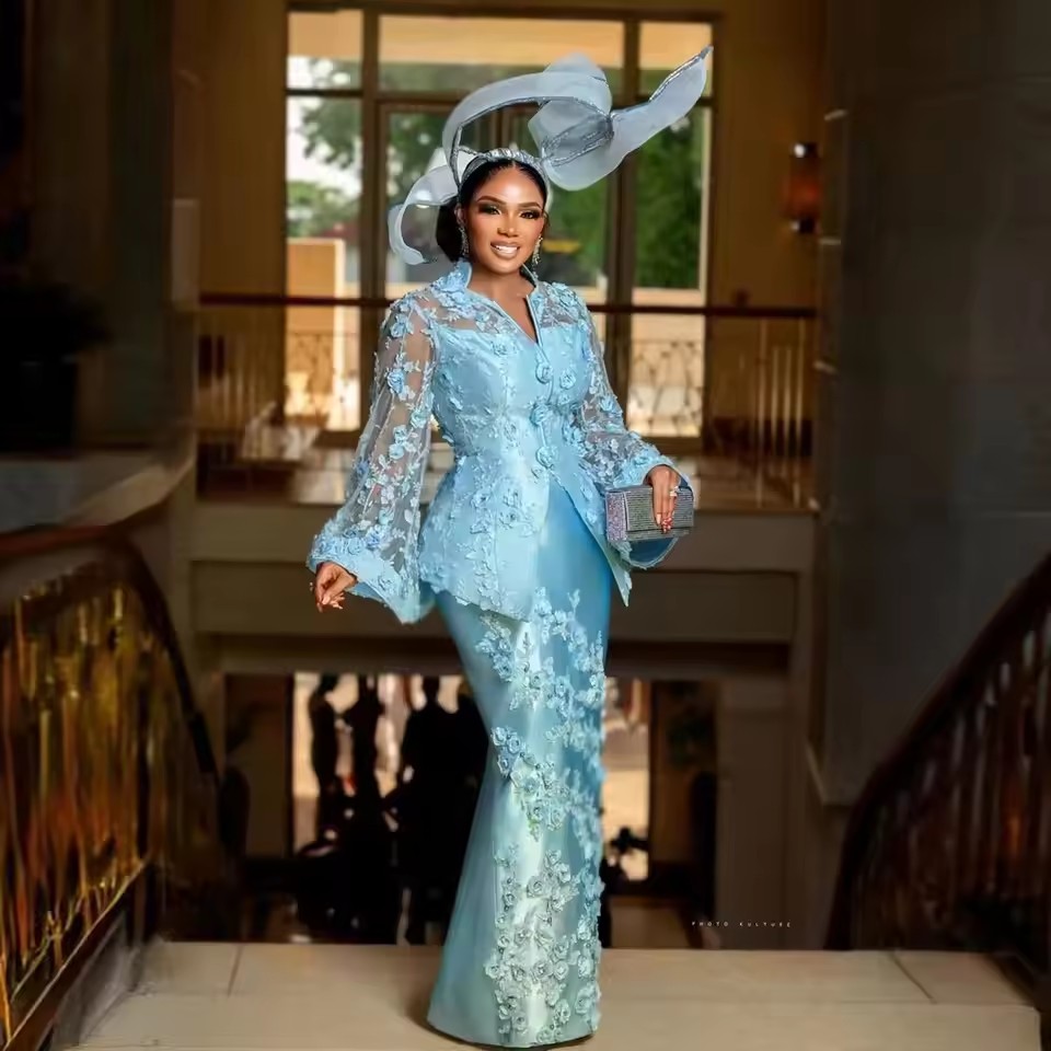 Pretty Floral Lace Mother Evening Dress Unique Flare Sleeves Satin Formal Party Dresses Formal Maid Of Honor Evening Gowns