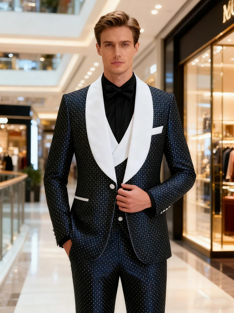 Mens threepiece slimfitting suit set including a tuxedo a singlebutton blazer a vest and stretch waist pants suitable f 251021