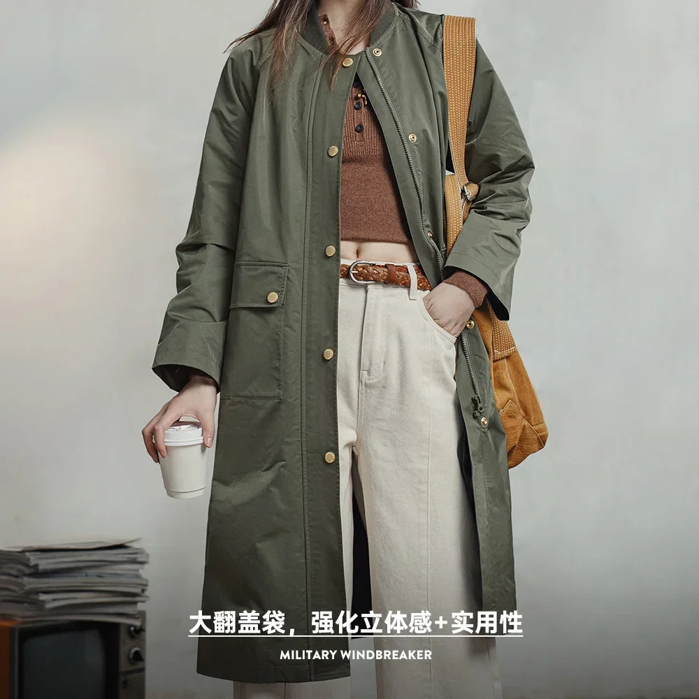 Maden Womens Olive Green Trench Coat Midlength Loose Fit Zipup Casual Solid Overcoat with Belt Windbreaker Spring Autumn 251017