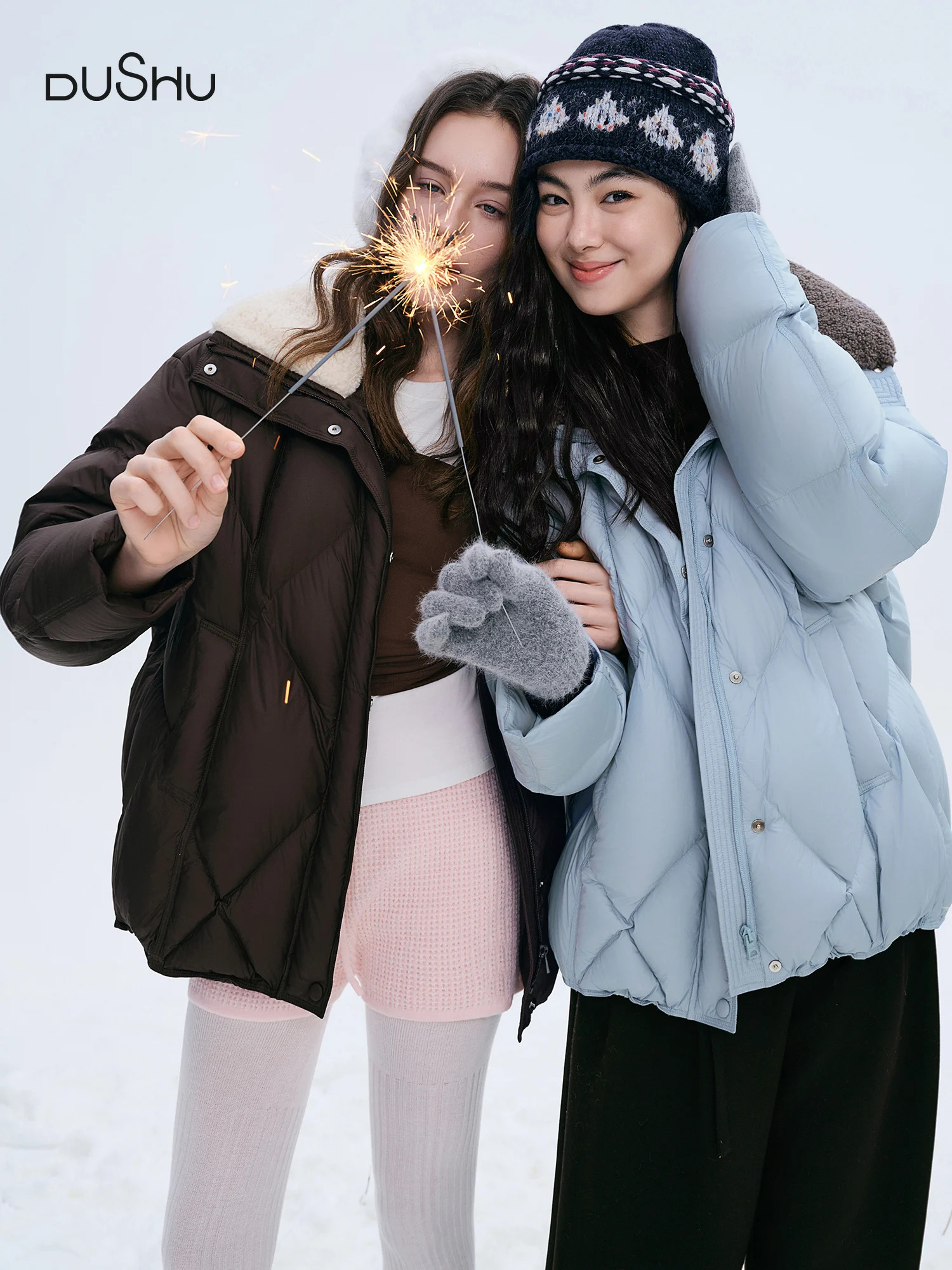 DUSHU Furry Lapel Quilted White Duck Down Coats Women Casual Daily Retro Simple Loose Short Warm Coat Contrast Color Girlish BF 251017