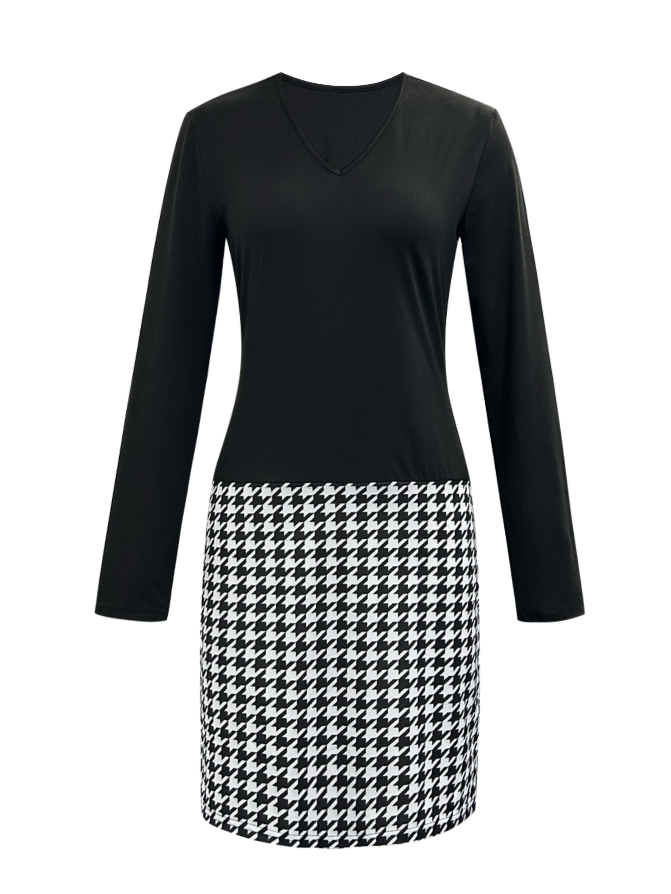 Women's Spring & Autumn New Casual Versatile Commute Fashion Houndstooth Patchwork Dress, Milk Silk V-Neck Long Sleeve Women's Dress (S-XXL,