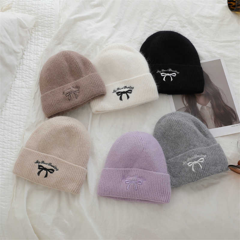 Style Bowknot Knitted Embroidered Hat Unisex Warm Rabbit Fur Yarn Hat for Women H251020