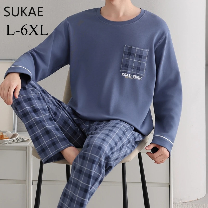 SUKAE Smart Casual Boys Big Pajamas Set Autumn Winter Cotton Nightwear for Big Guys L6XL Plus Size Business Mens Loungewear 251021