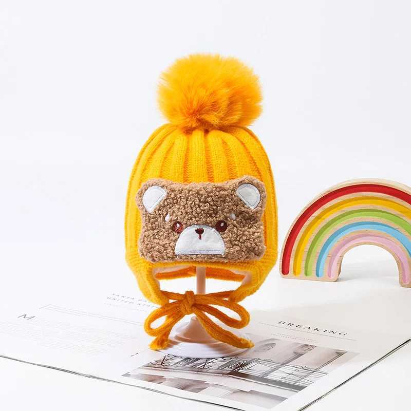 Warm Big Pompom Baby Winter Warm Hat Windproof Soft and Breathable Cartoon Bear Thick Ear Protection Cap Woolen Yarn J251021