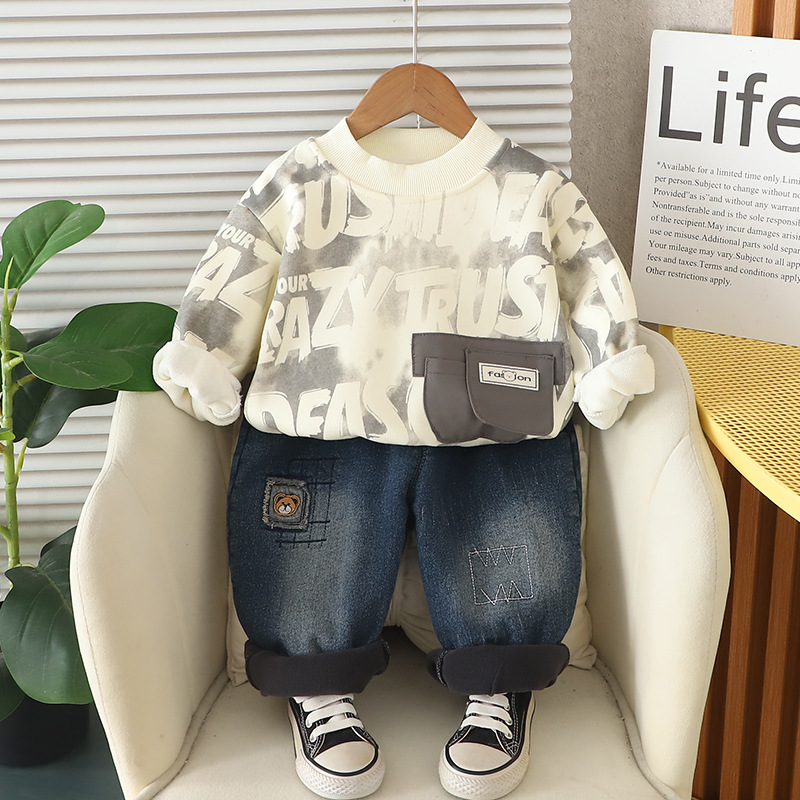 luxury kids clothing 2025 Boys Fleece-Lined Sweatshirt Set, Crewneck Jogger Outfit with Patch Pocket, Warm 2-Piece Autumn Winter Clothes