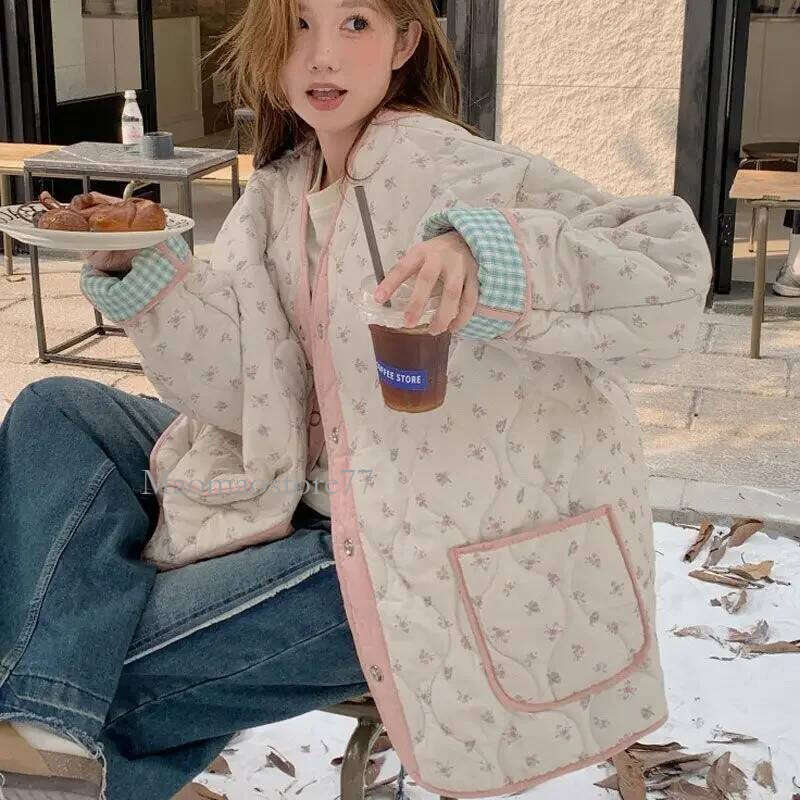 New Rhombus Small Tops Floral Quilted Cotton-Padded Jacket Outerwear Winter Double-Sided Wear Mid-Length Cotton-Padded Jackets womens coat