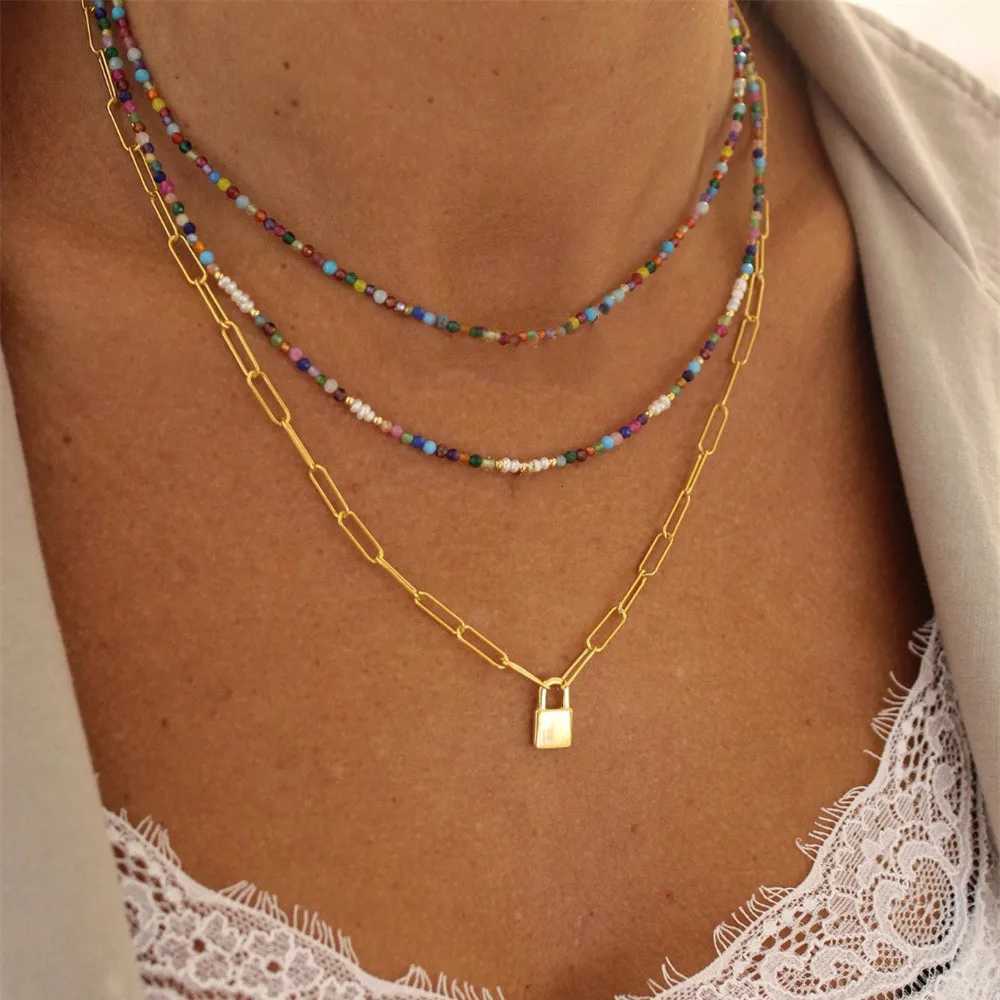 Vintage Color Bead Pearl Artificial Pearl Letter Pendant Chain Necklace For Women Female Fashion Multi-layer Boho Choker Jewelry XJ250717