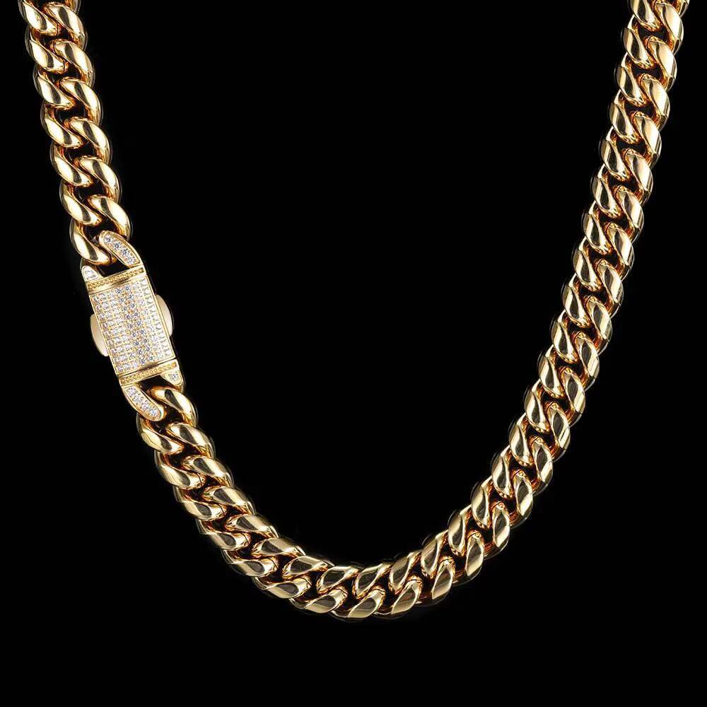 Iced Out 12mm Hip Hop Stainless Steel Encrypted Cuban Chain Diamond Spring Buckle Fashion Personalized Mens Necklace