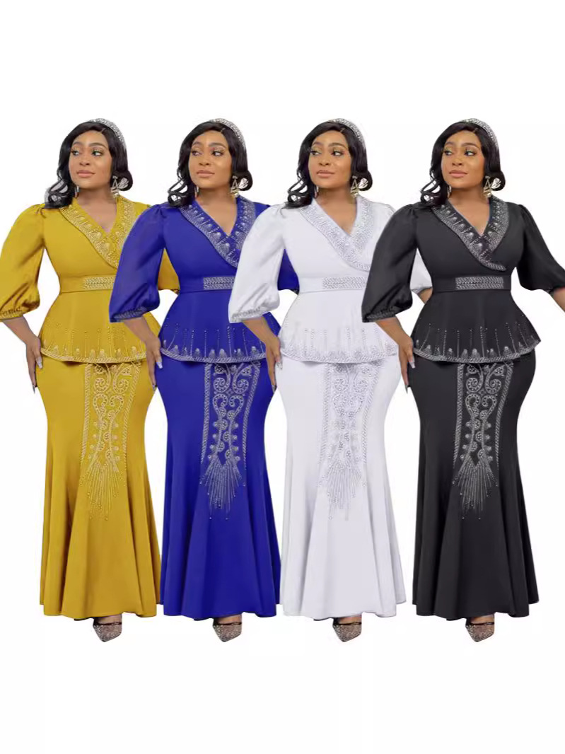 X10211Slim-fitting two-piece dress, top, skirt, European and American foreign trade plus-size women's clothing