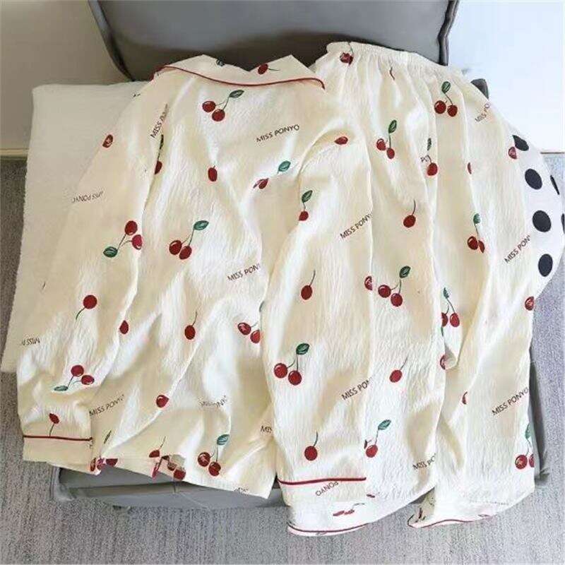 Little Cherry Pajamas for Women Spring and Autumn Sleeve Long Pants Cardigan Ins Style Loose Comfortable Thin Homewear Set