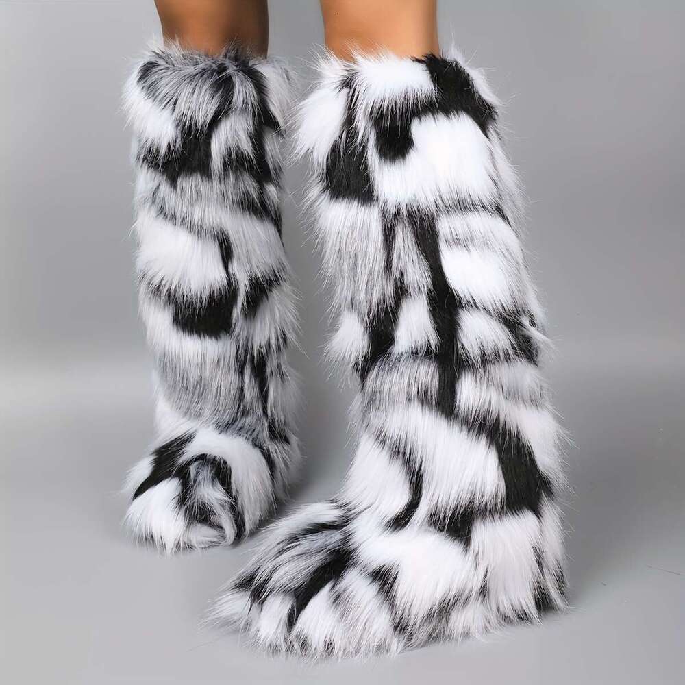Ultra-Soft Women's Faux Snow | Warm Knee-High Fur-Lined Boots With Non-Slip TPR Sole, Black White Zebra Stripe Pattern, Microfiber Lining & Plush