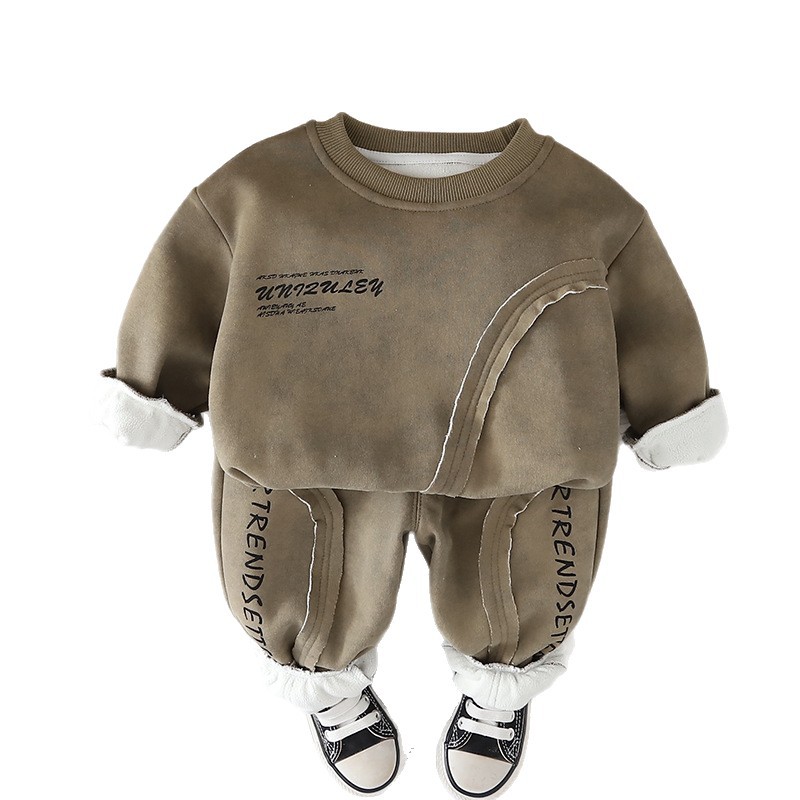 Winter Warm 2025 New Boys Fleece-Lined Hoodie Set, Letter Patchwork Streetwear 2-Piece, Loose Fit Casual Outfit for Toddler Boys