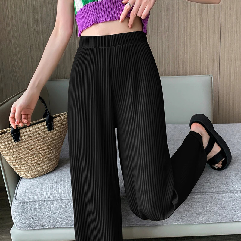 Spring Summer Ice Silk Pleated Loose Women Wide Leg Full Pant 2025 High Waist Casual Minimalism Straight Trousers for Womens 251015