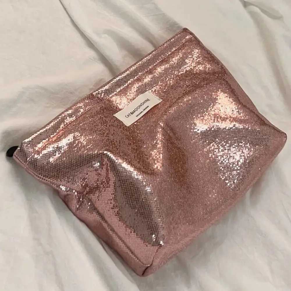 Portable Shiny Sequins Makeup Bag Silver Solid Color Cosmetic Bag Champagne Toiletries Skincare Storage Bag WomenW251021