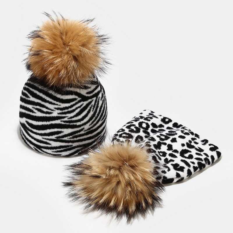 Cow Leopard Pattern Knitted Hat Womens Outdoor Warm Real Wool Ball Knitted Hat Autumn and Winter H251020