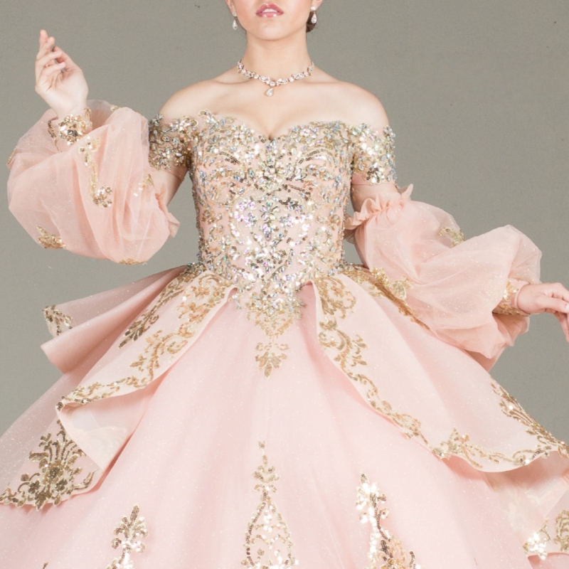 Pink Quinceanera Dresses Ball Gown Off The Shoulder Gold Applique Lace Tull Puff Sleeve Party Birthday Sweet 16 Dress Vestidos De 15 Anos