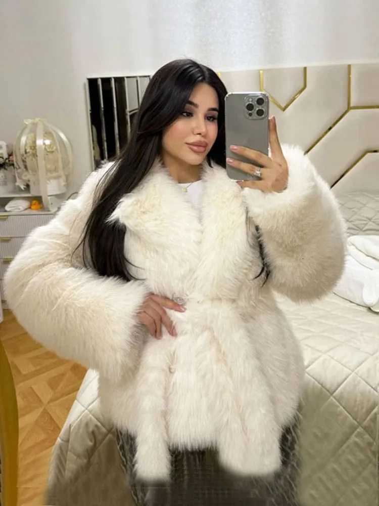 ZADORIN New Winter Fur Coats for Woman Lapel Belted White Black Faux Fur Coat Elegant Streetwear Fluffy Jacket Woman Y2K Clothes1 Y251105
