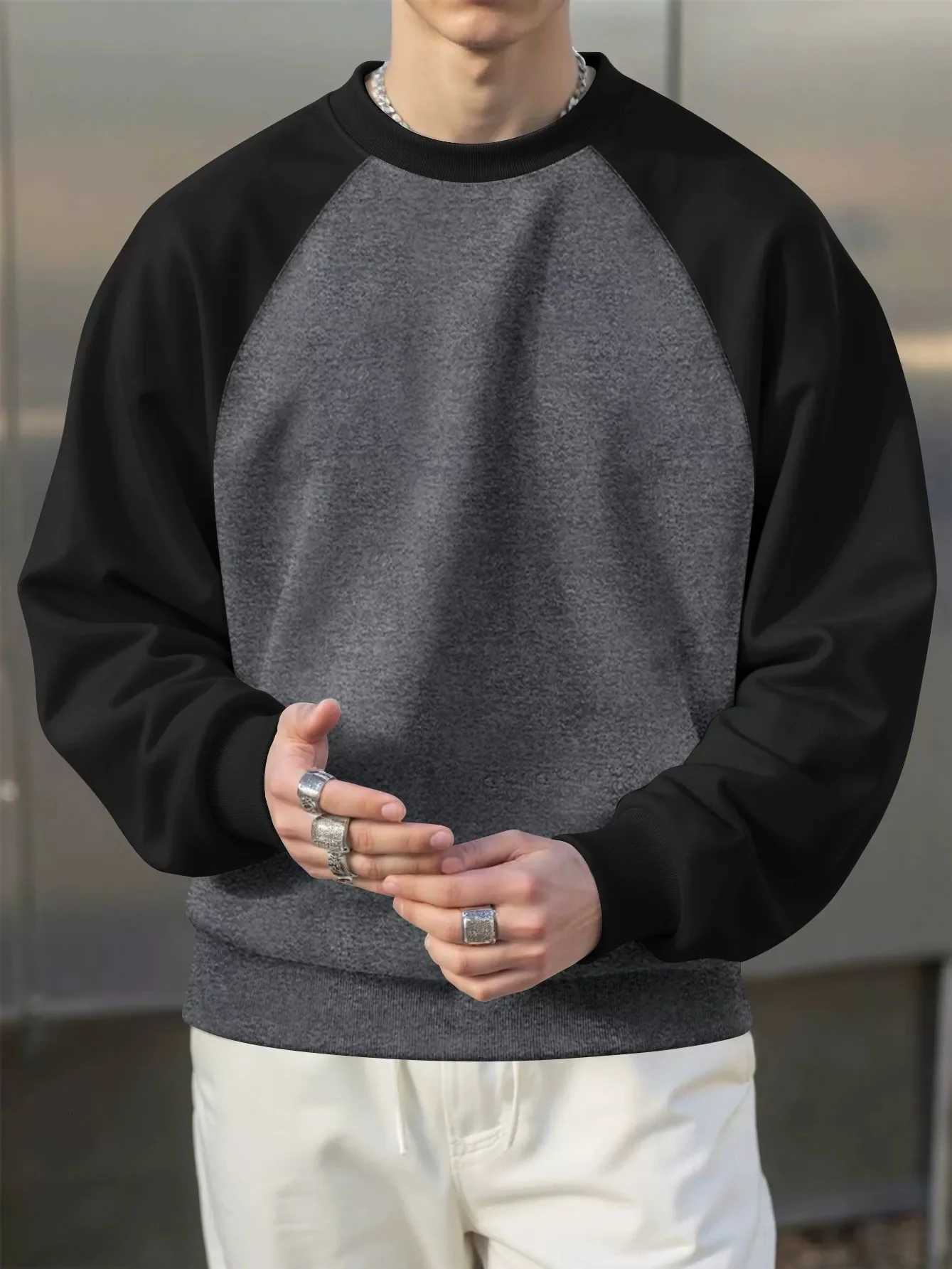Spring and autumn mens roundneck pullover sweater with added insulation and thickness 250g loose fit large size with shou W251021