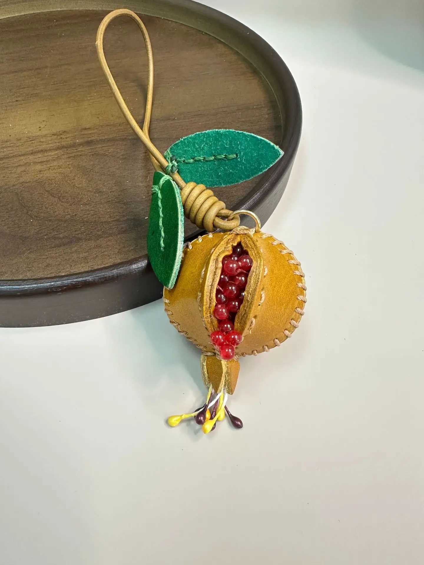 Luxurious Girls Cute Sweet Pomegranate Fruit Genuine Leather Charm Bag Keychain Car Rearview Mirror Decoration Accessory W251021