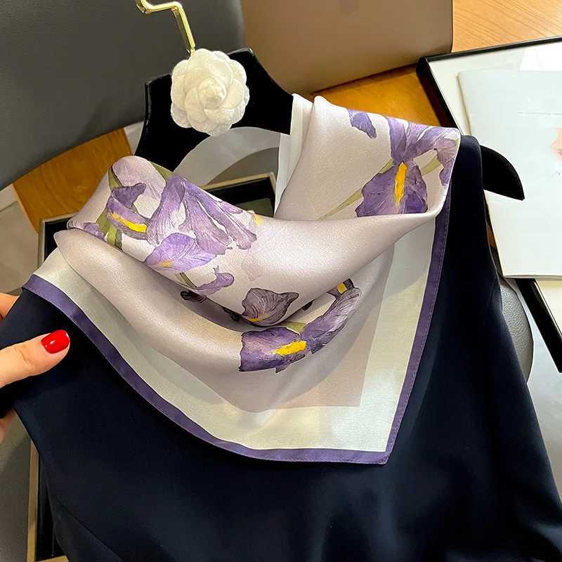 1pcs 70cm Hibiscus Flower Pattern Silk Scarf for Women Simulated Silk Purple Floral Scarfs Versatile Decorative Square Scarf W251021