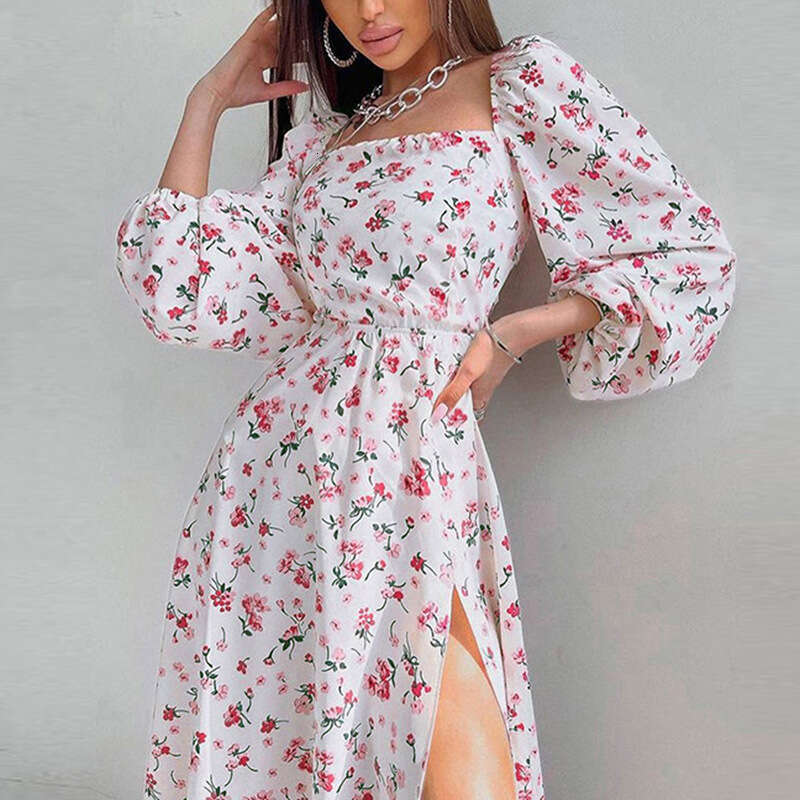 2025 Autumn Women's Elegant Printed Lantern Split Long Sleeve Dress