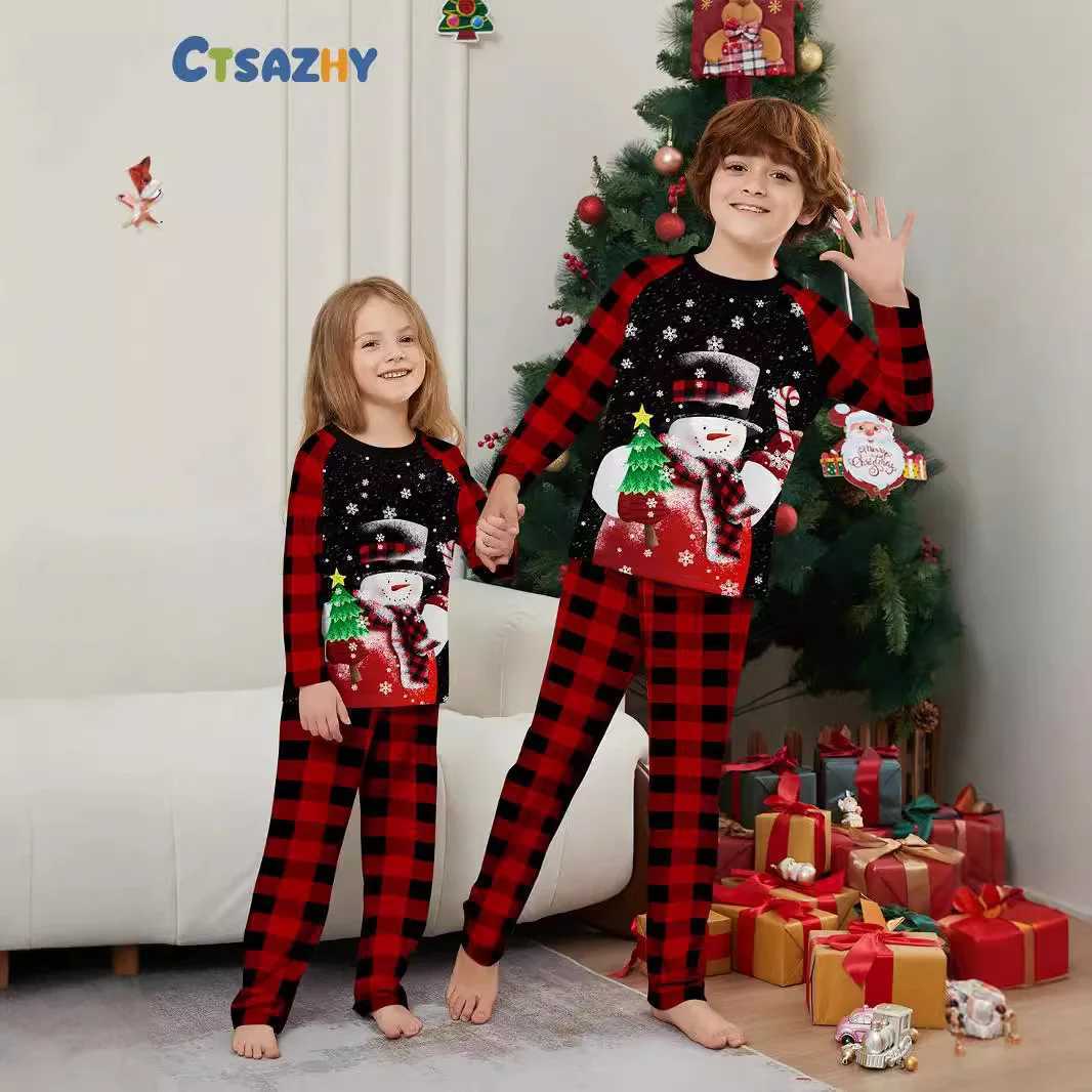 New childrens home wear set cute Christmas snowman tree print pajamas and pajama pants red and black checkered Christmas L251021BL2B