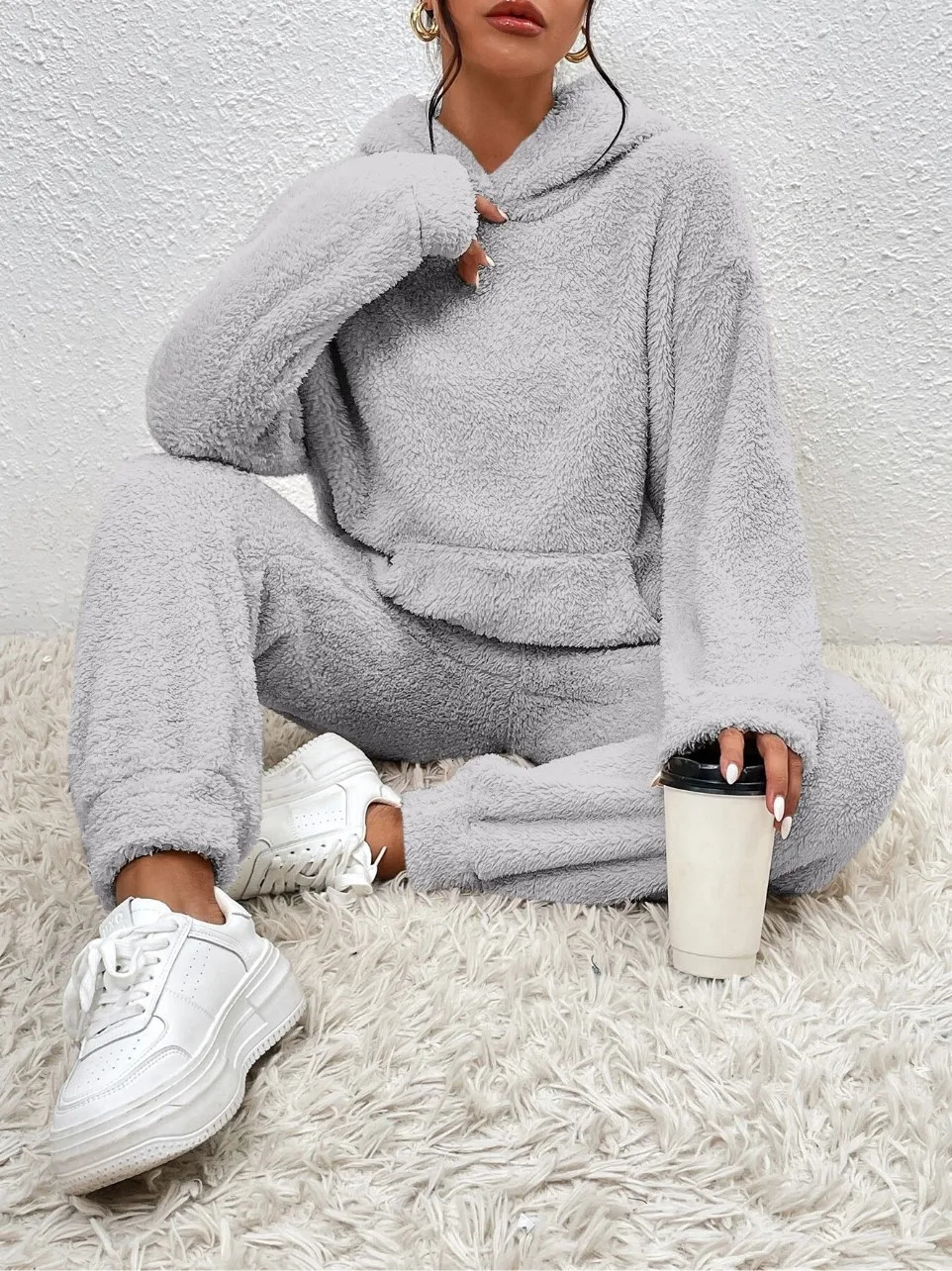 Autumn Winter Fashion Women Casual Hooded Sweatshirt Leg Pants 2 Piece Set Warm Furry Plush Trousers Suit Female Outfit 251021