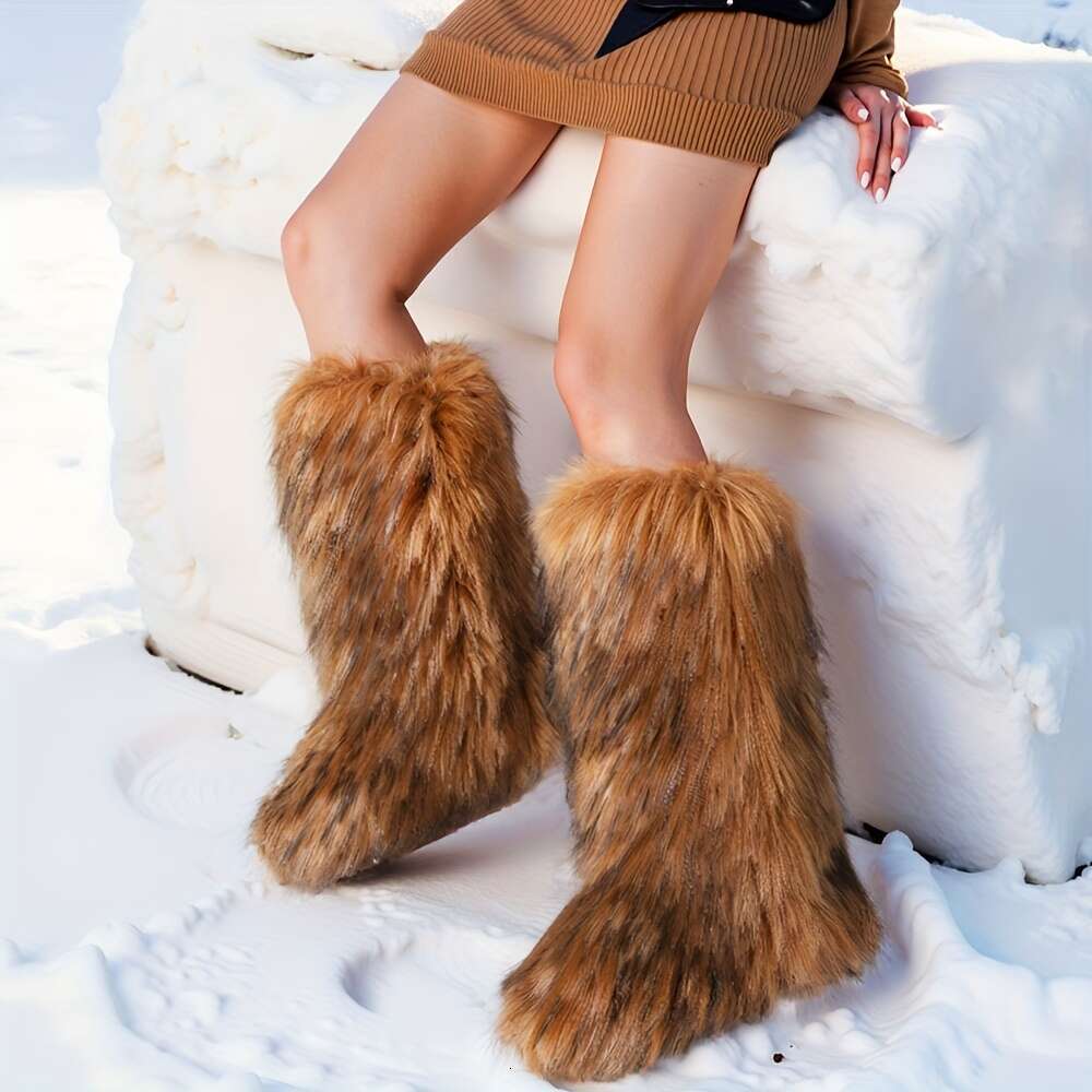 Fashion Women's Faux Fur Round Toe Flat Heel Slip On Warm Comfort Outdoor Winter Boots