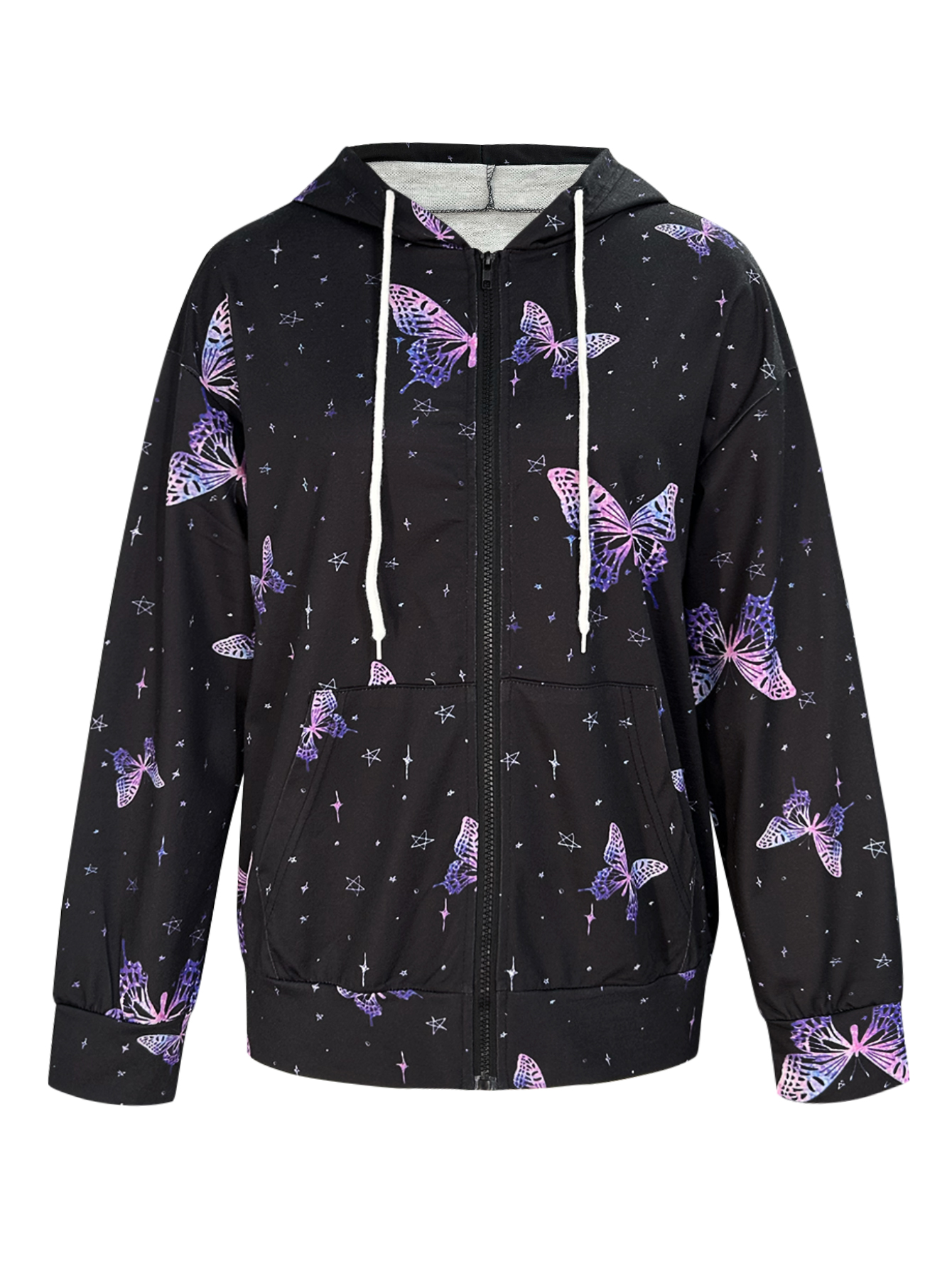Women's Autumn & Winter New Butterfly Printed Hooded Jacket, Milk Silk Casual Commute Versatile Zip-Up Coat (S-XXL, Black)-CF41100