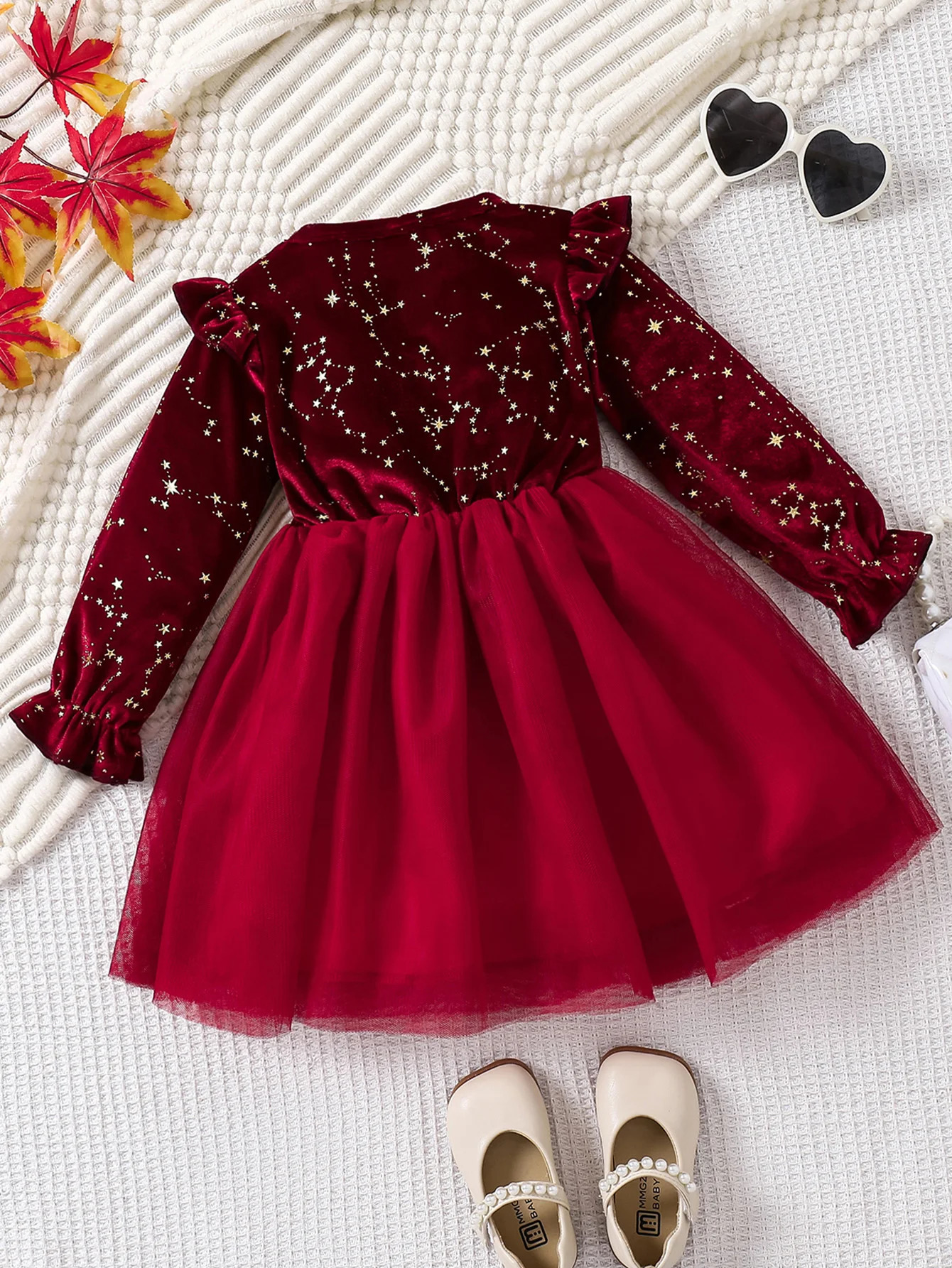 Toddler Girl Party Dress Autumn Winter 18 Years Children Christmas And Year Princess Dress Red Velvet Gown Stars Mesh Dress i251021