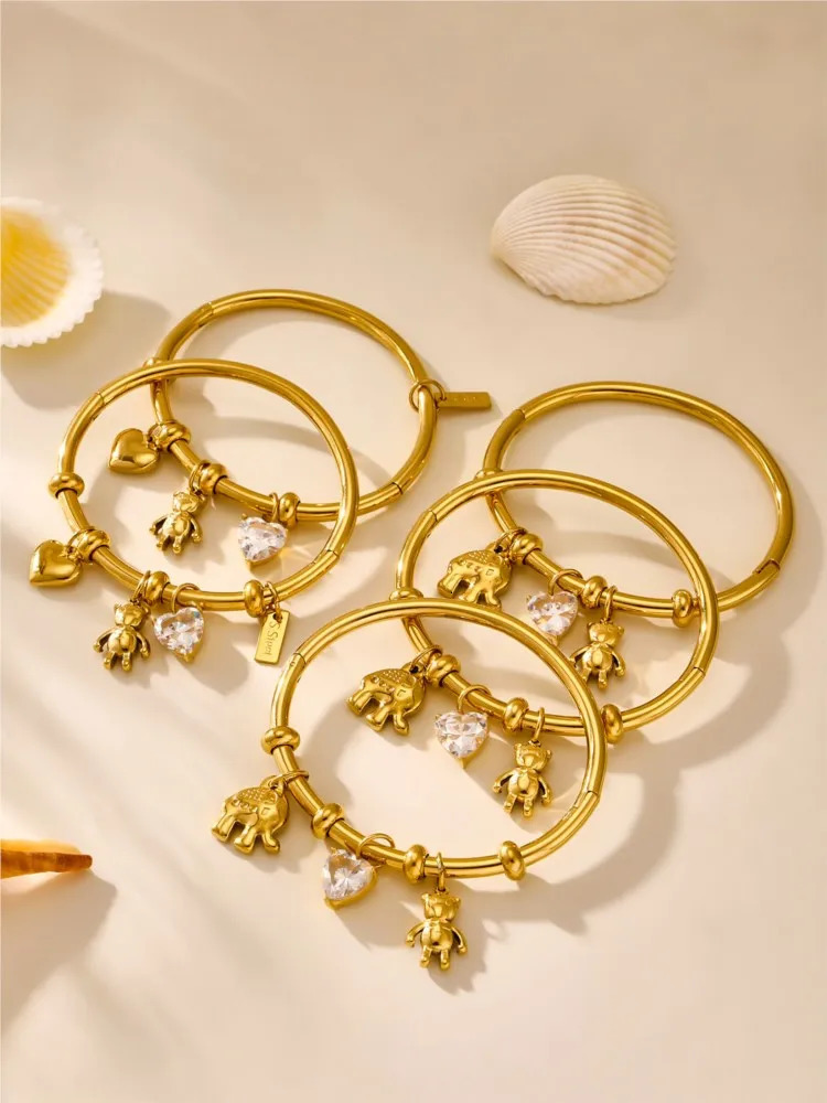 Stainless Steel Bracelet Bangles For Women 18k Gold Plated Waterproof Non Tarnish Openable Womens Heart Bear Charms Bracelets 251017