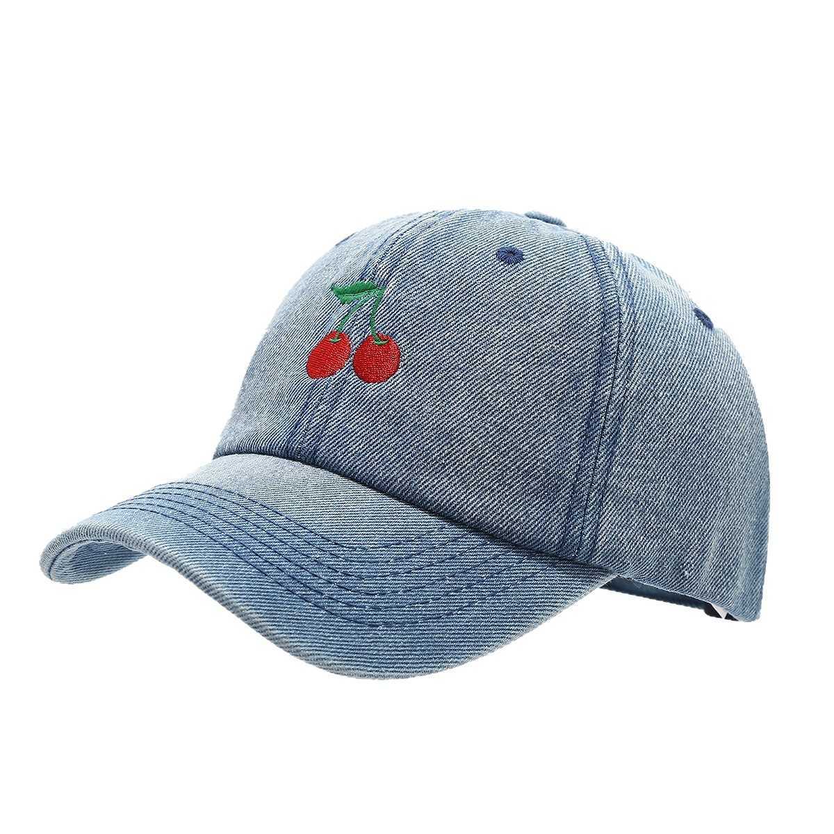 Denim Cherry Embroidery Baseball Cap for Women Trendy Spring Autumn Outdoor Shopping Casual Sun Hat Elegant Temperament Baseball Cap H251020