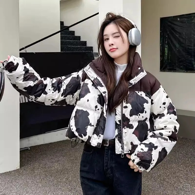 Winter Stand Collar Milk Print Short Parker Down Jacket Women White Duck Puff Warm Female Zipper Drawstring Outwears 251017