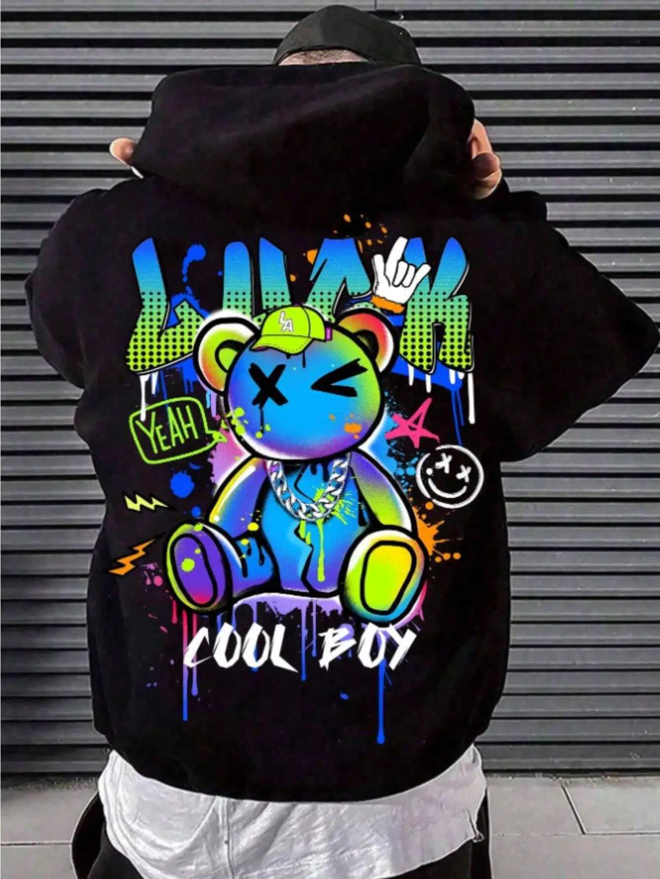 High Design New Mens Autumn Colorful Cartoon Bear Letter Printed Comfortable Soft Hoodie Outdoor Street Versatile Top W251021